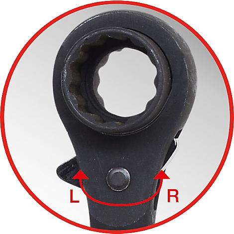 Nahaufnahme einer schwarzen Ratsche. Roter Kreis um das Detail mit Pfeilen L und R für die Drehrichtung.